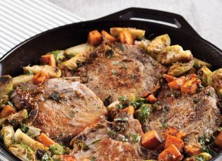 Roasted Pork Chops with Brussels Sprouts and Sweet Potatoes