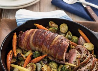 Bacon-Wrapped Pork with Roasted Vegetables
