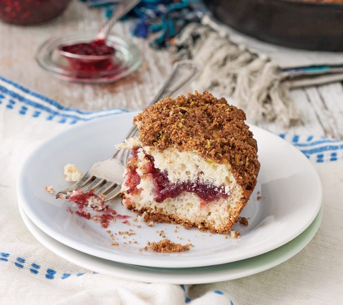 coffee Raspberry Jam Coffee Cake with Pistachio Streusel