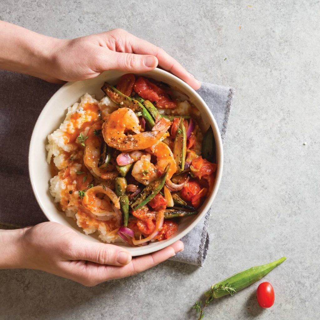 Stewed Tomatoes, Okra, and Shrimp with Rice Grits