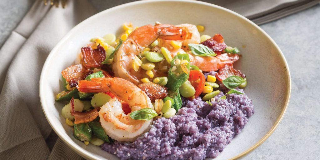 Shrimp Succotash and Blue Corn Grits