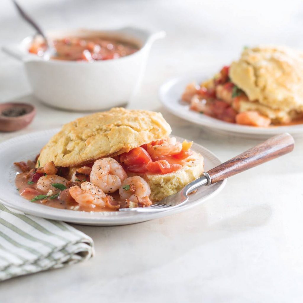 Tomato-Shrimp Gravy and Cornmeal Cathead Biscuits