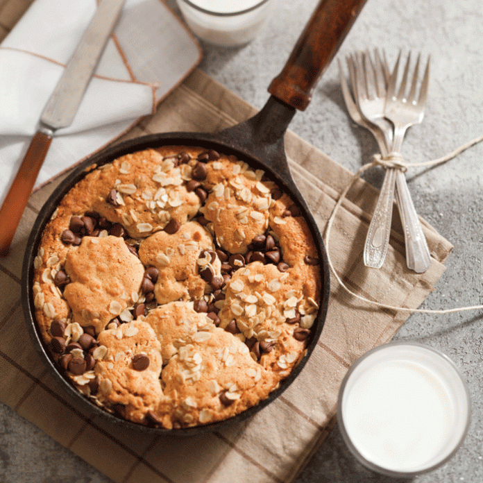 Chocolate Chip Oatmeal-Peanut Butter Skillet Cookie
