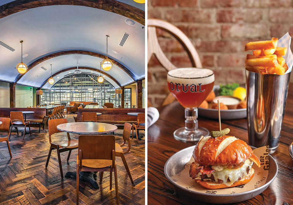 Left: Bald Monk Brewing Co. dining room. Right: Burger and onion rings from The Grales. 