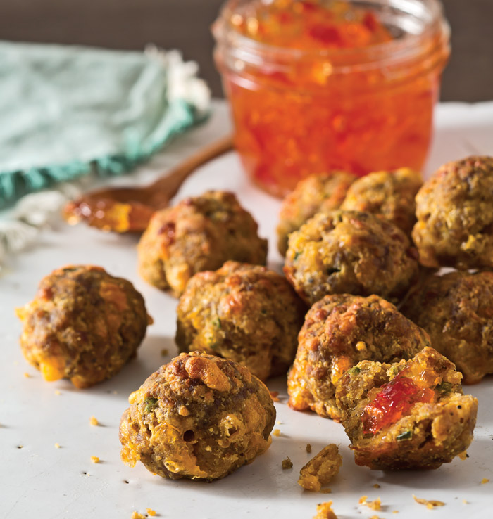 Sweet Potato Sausage Balls served along side pepper jelly.