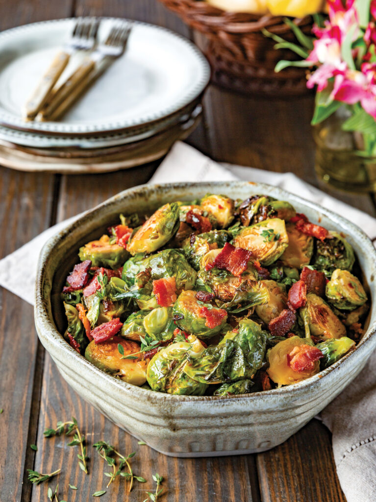 Crispy Brussels Sprouts with Sorghum Vinaigrette and Bacon