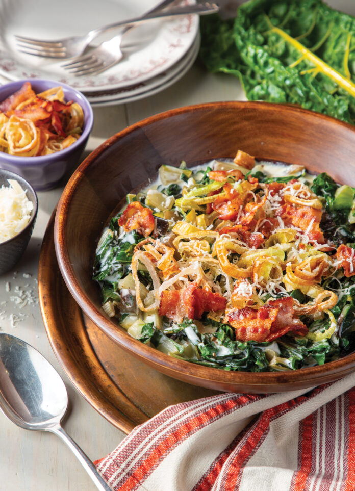 Creamy Swiss Chard with Crispy Leeks and Shallots