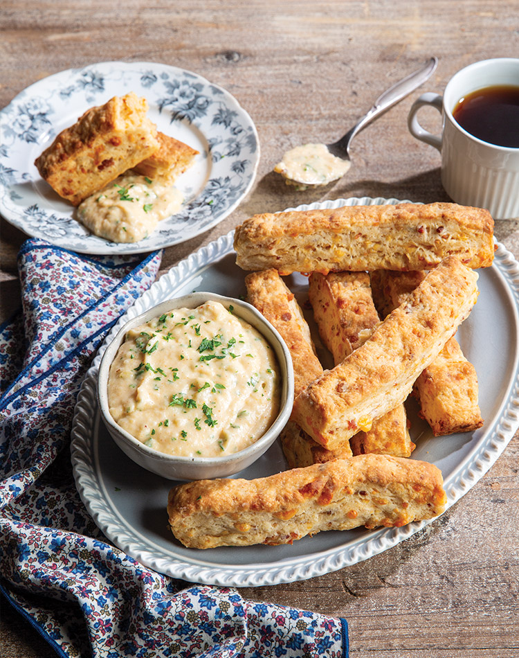 Cheesy Bacon Biscuit Sticks with Cornmeal Gravy