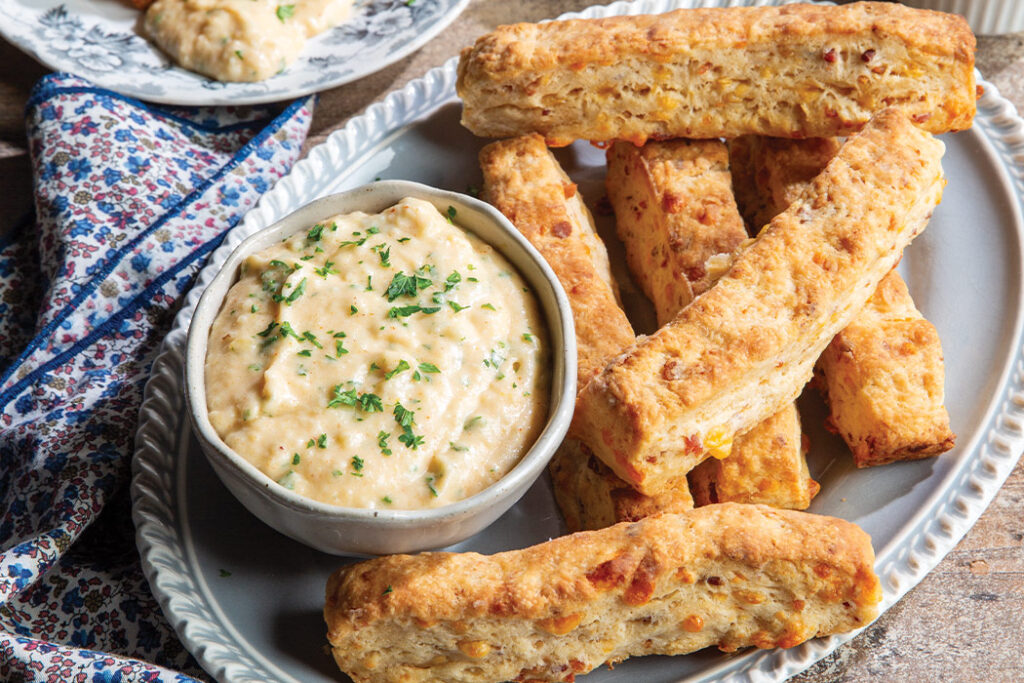 Cheesy Bacon Biscuit Sticks with Cornmeal Gravy