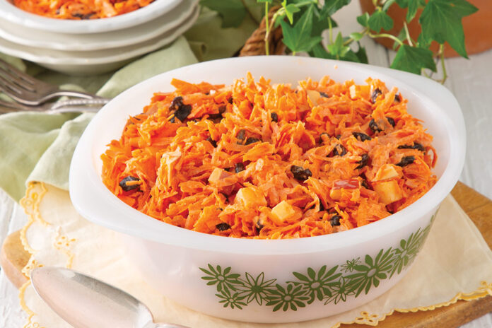 Brenda Gantt’s Carrot Salad is an easy recipe that comes together in a snap. The dish needs to be served the day it is made; the more it sits, the more watery it gets.