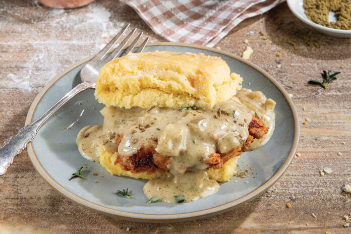 Cornmeal Chicken Biscuits and Gravy