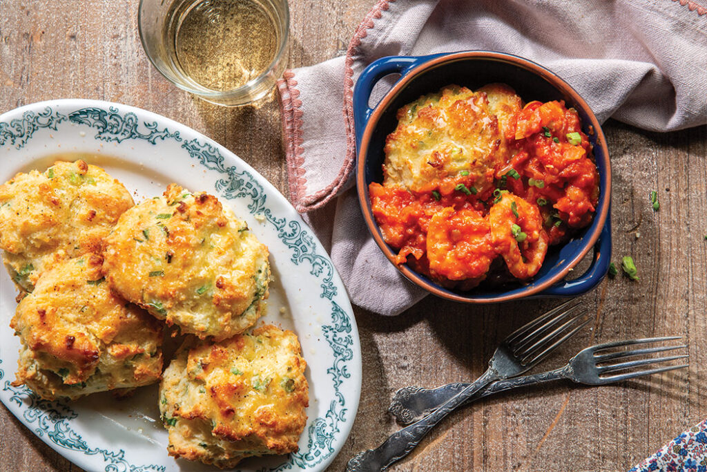 Green Onion Drop Biscuits with Shrimp and Tomato Gravy
