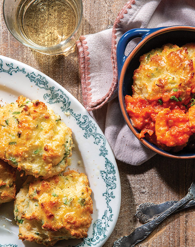 Green Onion Drop Biscuits with Shrimp and Tomato Gravy