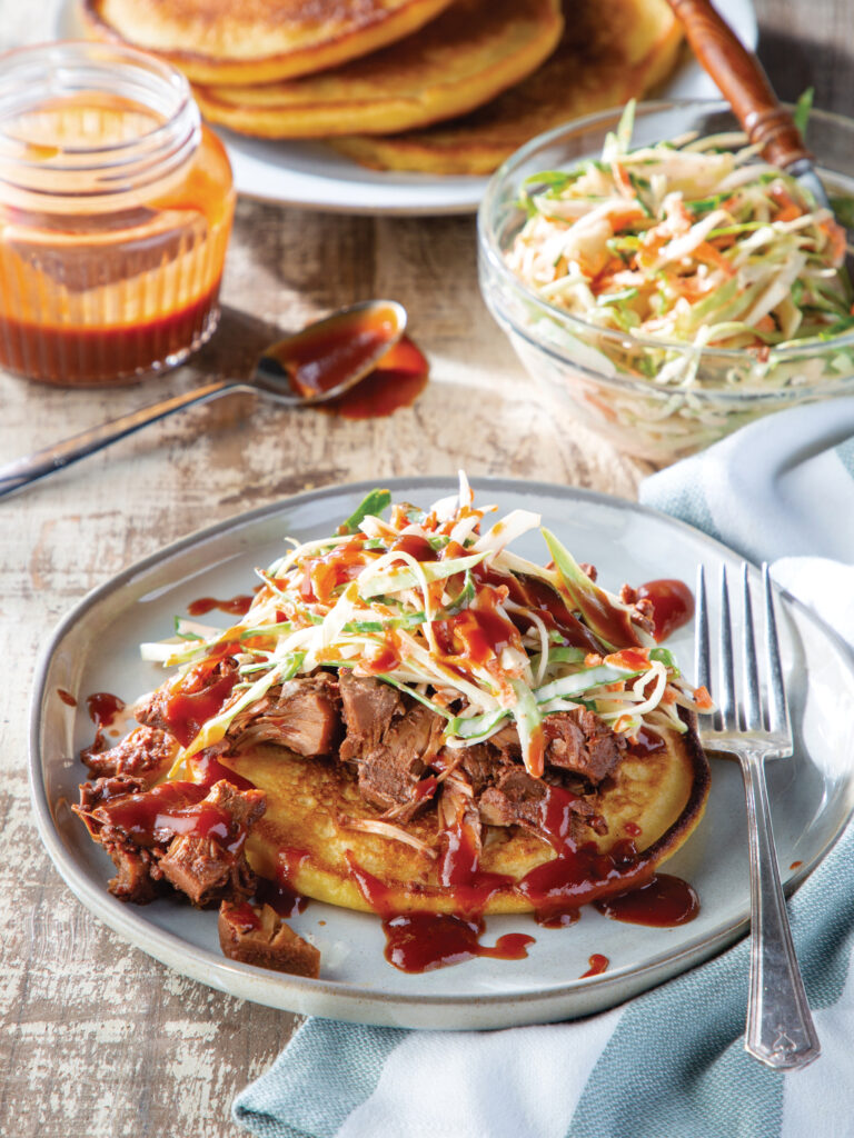 With its meaty texture and mild flavor, jackfruit is an increasingly popular meat substitute for pulled pork barbecue, so naturally we incorporated it into our Barbecue and Hoecakes with Coleslaw.