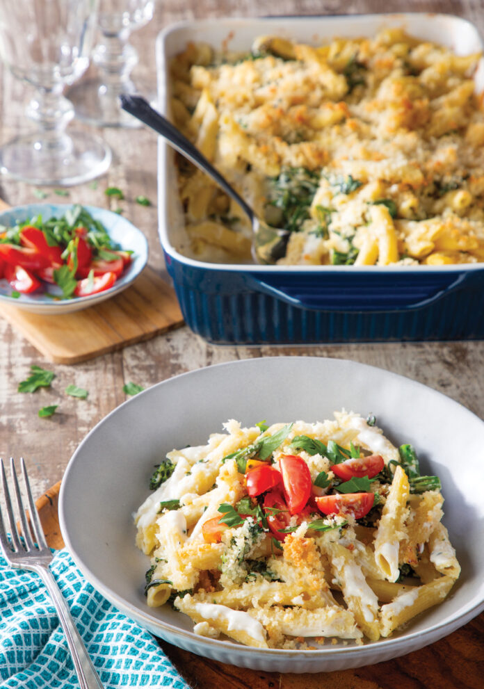 pastabowl21_1162 Get ready to dive fork-first into a cheesy vegetarian recipe of Creamy Three-Cheese Pasta Bake! This ooey-gooey masterpiece combines and irresistible trio of creamy cheeses – cheddar, mozzarella, and parmesan – with perfectly cooked pasta, all baked to bubbly perfection.
