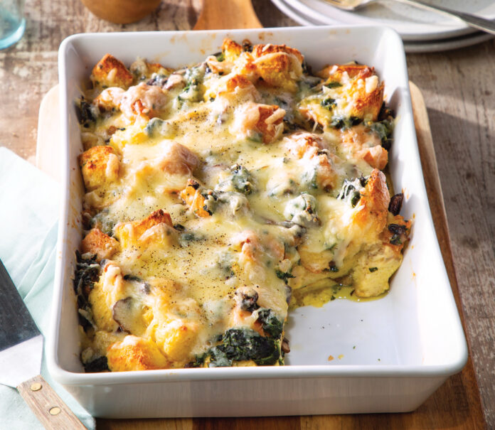strata215jb_1152 This vegetarian dish offers comforting flavors, making every bite of our Spinach, Mushroom, and Gruyère Strata satisfying to the last helping.