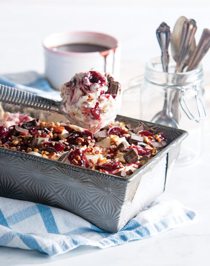 Help yourself to a scoop of our Chocolate Cherry Pecan No-Churn Ice Cream, a quick and easy dessert that comes together in no time!