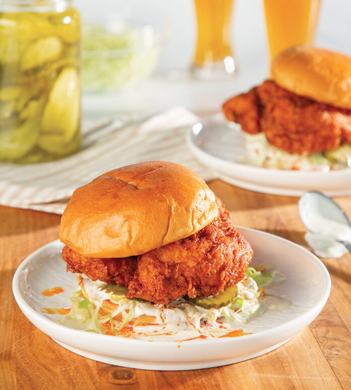 DPNashChick Darryl Postelnick’s love for Southern cooking shines in this sweet-heat infused Nashville Hot Chicken Sandwich.