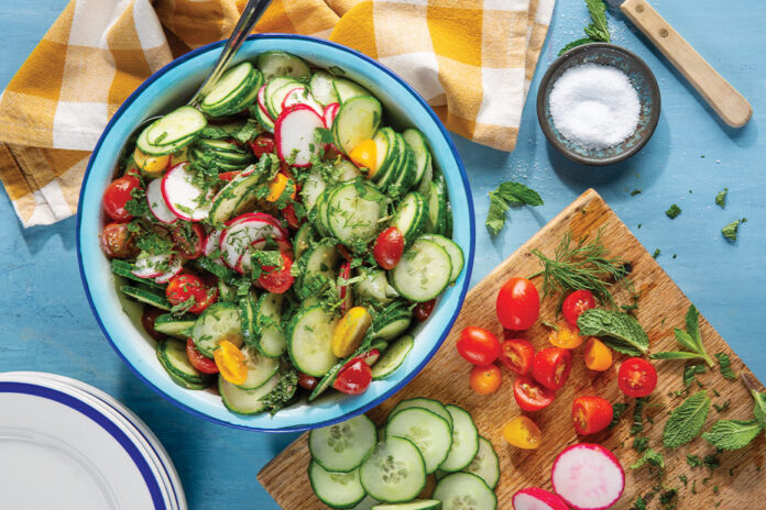 It doesn’t get more refreshing than a crunchy bite of Herbed Cucumber Salad dressed in olive oil with that juicy, tangy pop of ripe tomato.