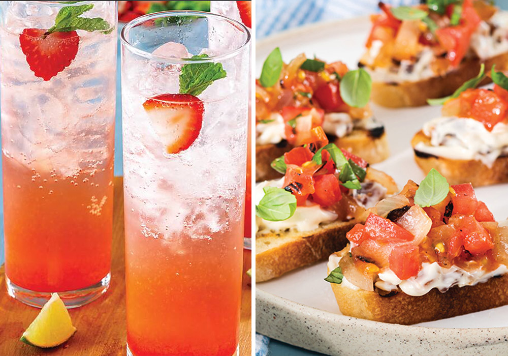 Strawberry Spritzer and Grilled Tomato Bruschetta with Bacon Mayo