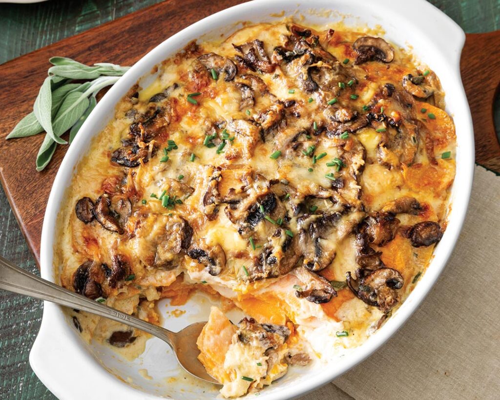 Cheesy Sweet Potato and Mushroom Bake
