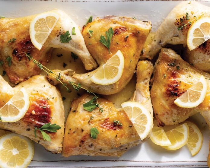 web-lemonglazed_0952 Honey-Lemon Chicken Quarters with Sticky Glaze