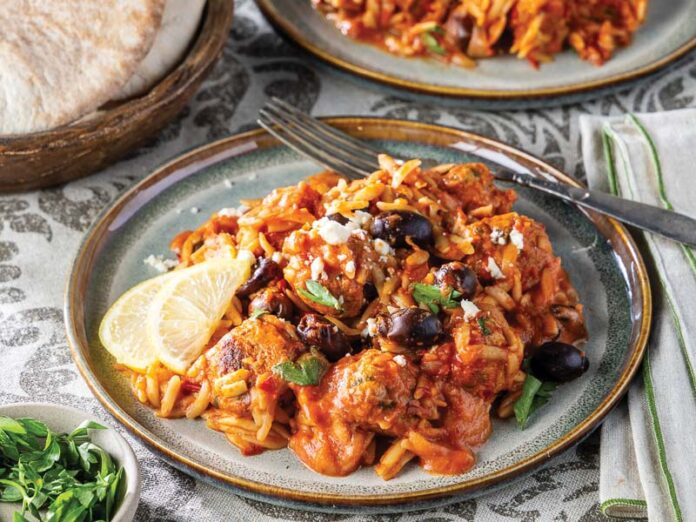 greekmeatba_0642Web Greek Chicken Meatballs with Creamy Orzo