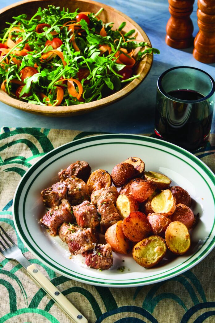 Air Fryer JB141 air fried garlic butter steak bites with baby red potatoes and side salad