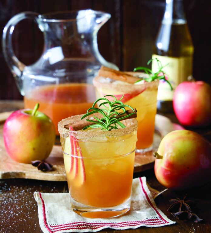 fizzy apple cider with apple, rosemary, and cinnamon stick garnish