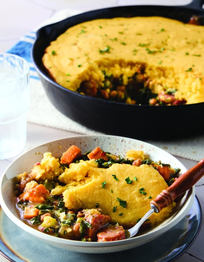 Chicken Pot PieJB153 pot pie with cornbread crust and greens