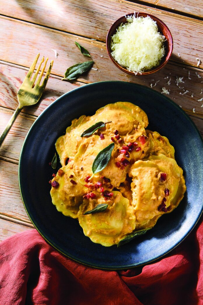 Southern Staples Pumpkin JB128 ravioli with pumpkin-sage sauce